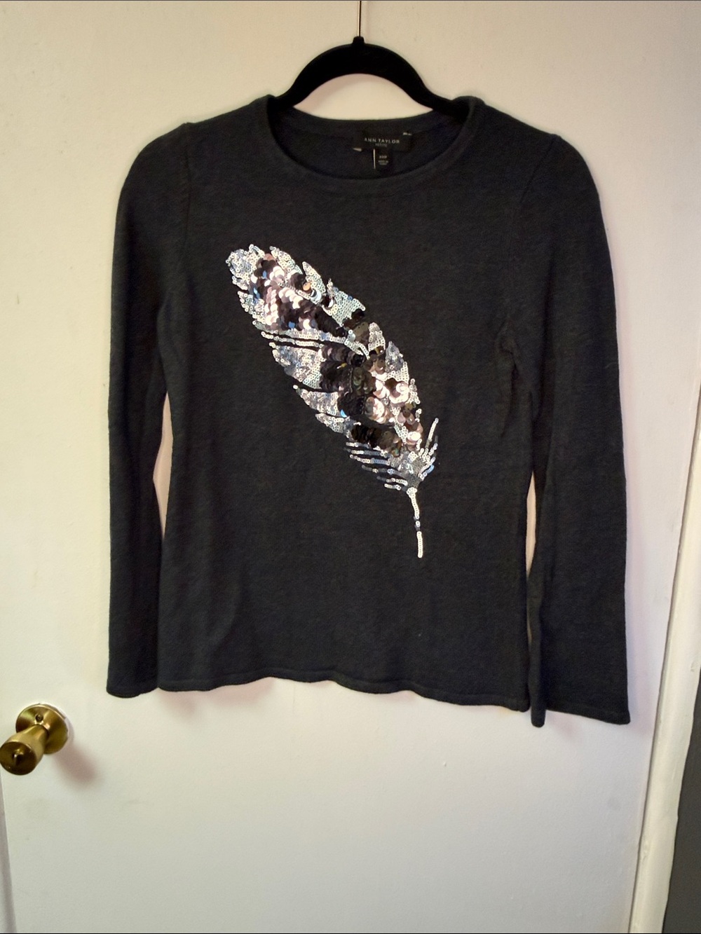 Ann Taylor Black Crewneck Sweater with Sequin Feather